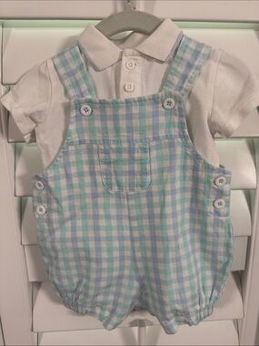 Little Me Pastel Blue and Mint Gingham Shortalls with White Polo